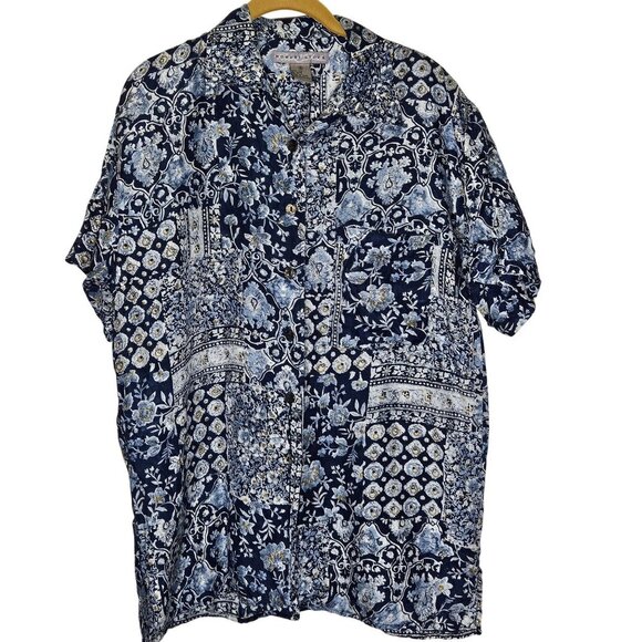 Robert Stock Floral Geometric Patchwork Blue White Shirt M Silk Hawaii Button-Up - Picture 1 of 8